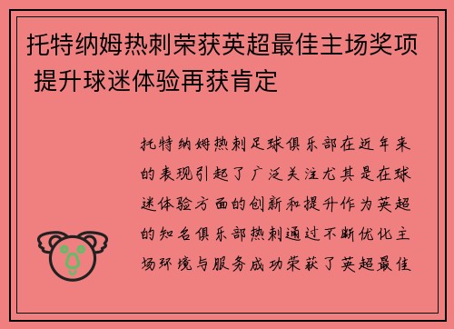 托特纳姆热刺荣获英超最佳主场奖项 提升球迷体验再获肯定
